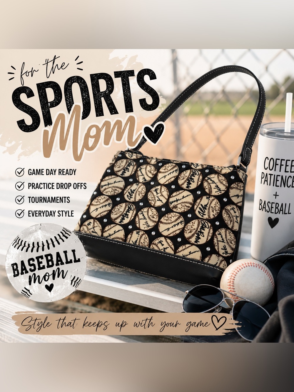 Baseball Print Shoulder Bag Black & Cream Canvas Handbag with Rhinestone Accents